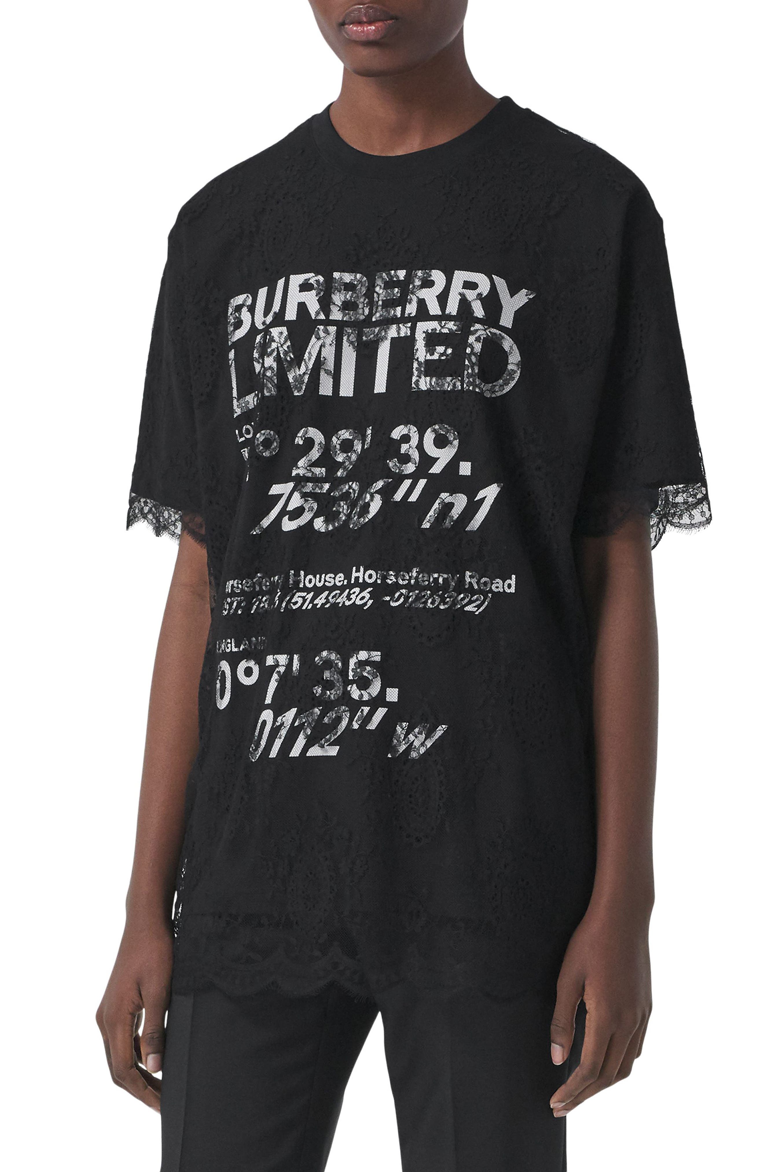 Burberry Falco Lace Overlay Logo Graphic Tee in Black at Nordstrom, Size Xx-Small