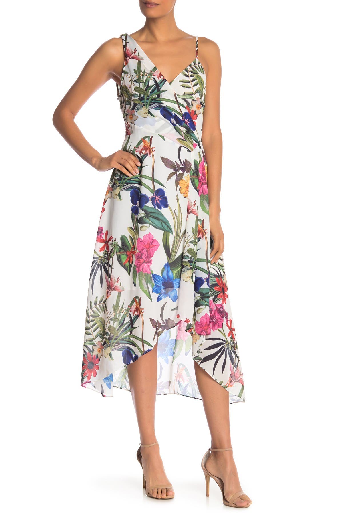 Parker Floral Draped High/low Midi Dress In White Sardinia