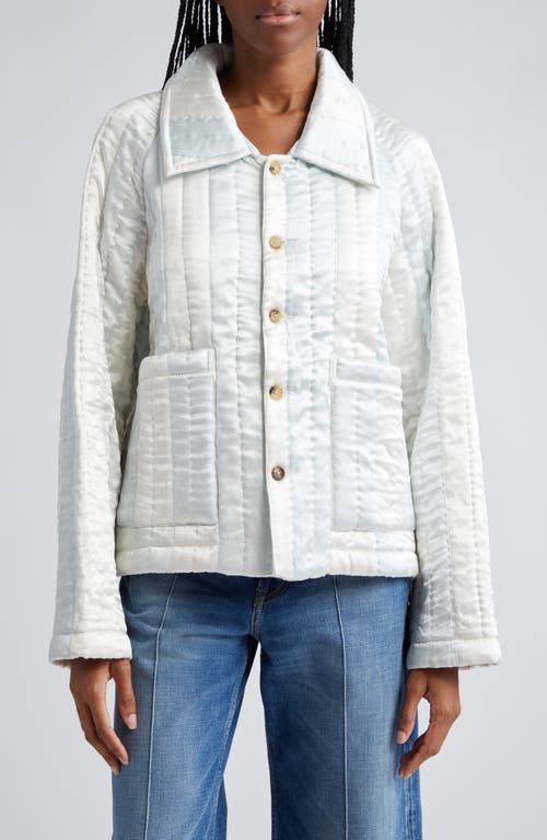 Banker Stripe Quilted Satin Jacket in White Blue