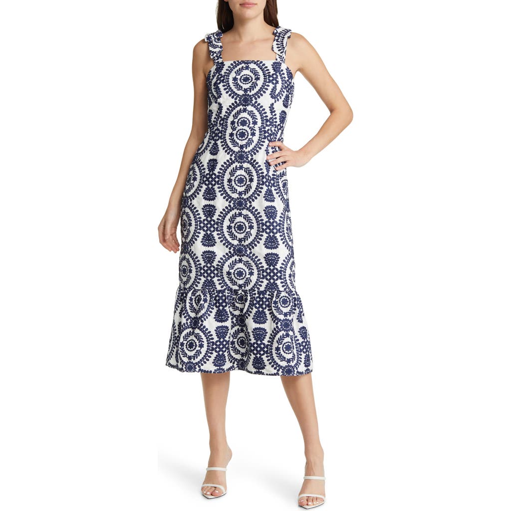 Adelyn Rae Layla Embroidered Cotton Midi Dress In White/navy