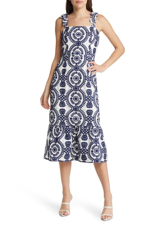 Adelyn Rae Layla Embroidered Cotton Midi Dress White/Navy at Nordstrom,