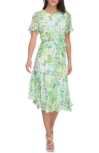 Dkny Floral Godet Short Sleeve Fit & Flare Midi Dress In Green