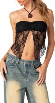 EDIKTED Twilight Split Front Lace Strapless Top