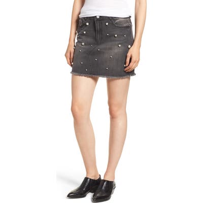 Tinsel Imitation Pearl Embellished Denim Skirt, Black