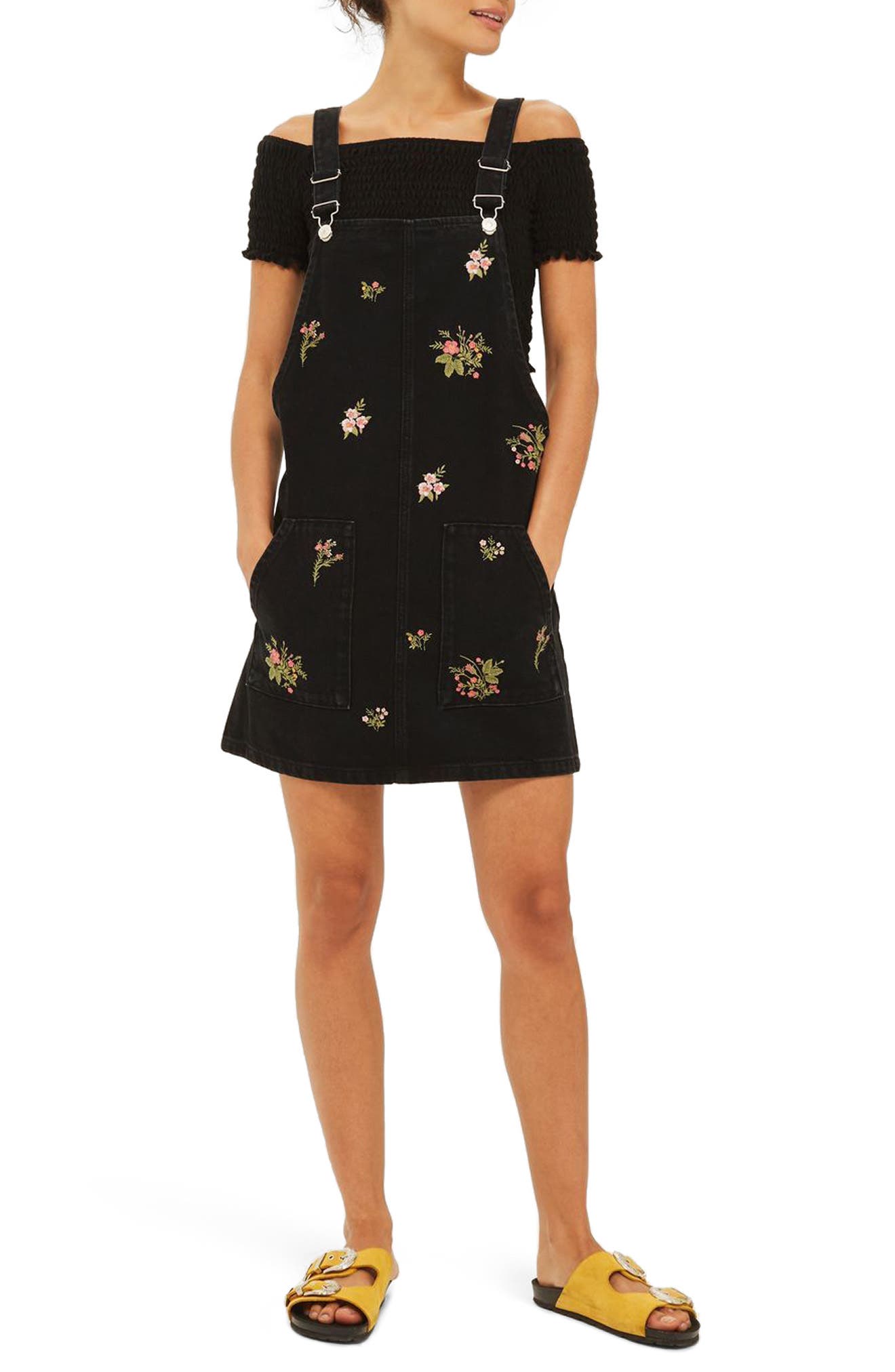 Embroidered Black Denim Pinafore Dress Nordstrom