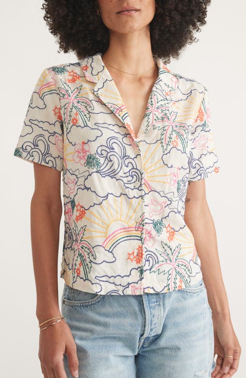 Lucy Embroidered Short Sleeve Lyocell & Linen Button-Up Resort Shirt in Natural