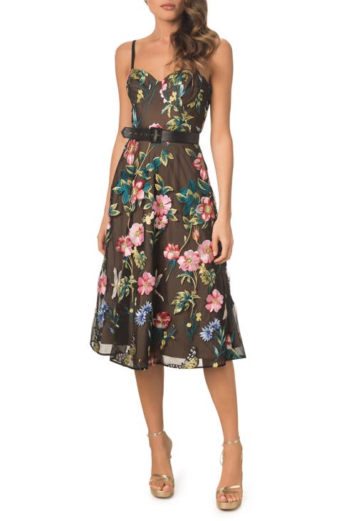 Black Mesh Floral Dress - Applique Midi Dress - Bustier Dress - Lulus