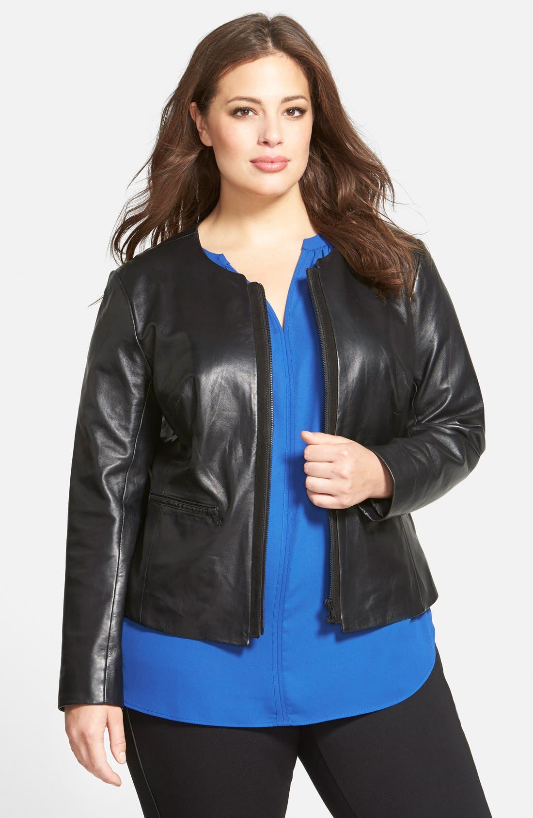 Halogen® Suede Trim Leather Jacket (Plus Size) Nordstrom