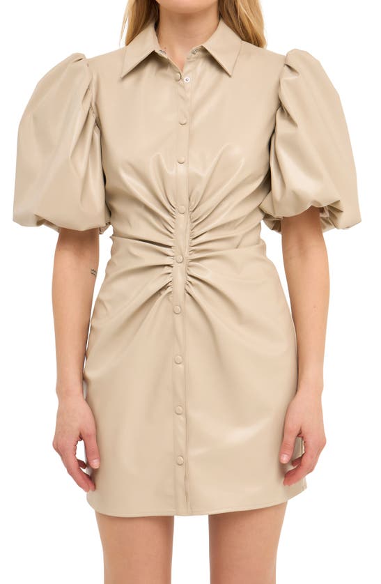 Endless Rose Faux Leather Button Closure Mini Dress In Taupe