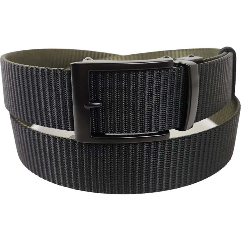 Shop Vince Camuto Reversible Ratchet Buckle Web Belt In Black/olive