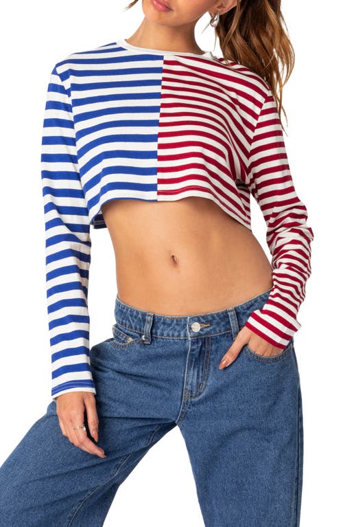 EDIKTED Mixed Stripe Stretch Cotton Crop Top Blue/red Mix at Nordstrom,