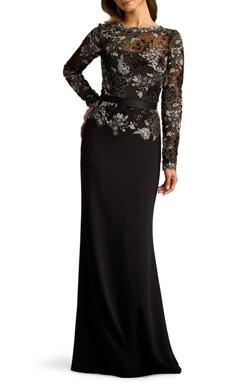 Tadashi Shoji Floral Lace Embroidery Long Sleeve Gown in Black/Silver 