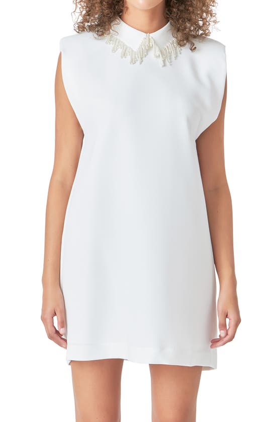 Endless Rose Imitation Pearl Fringe Mini Shirtdress In White