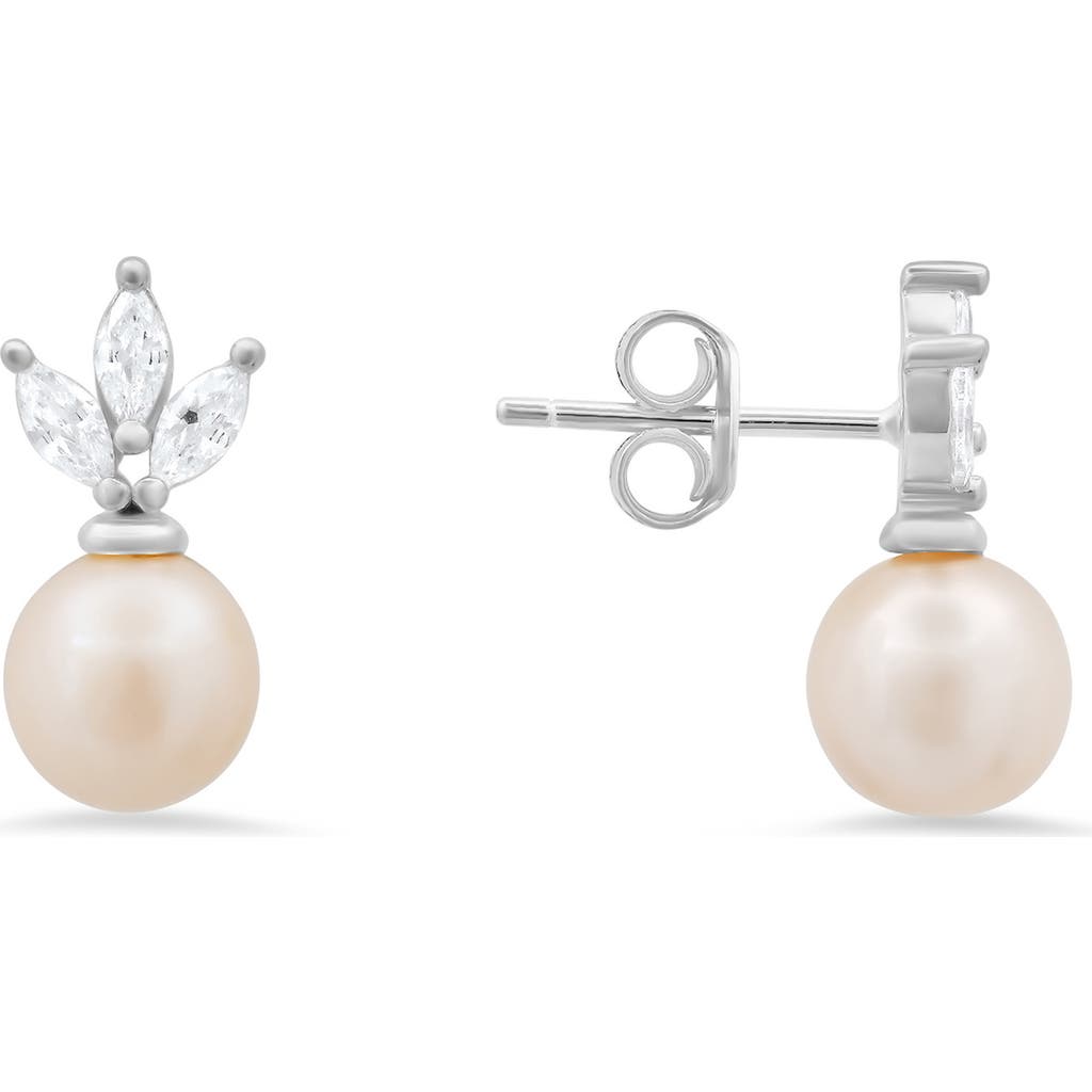 Queen Jewels Dangling Freshwater Pearl & Cubic Zirconia Stud Earrings In Silver