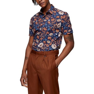 Topman Floral Short Sleeve Button-Up Shirt, Blue