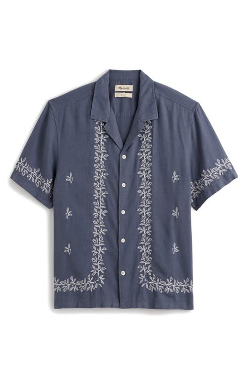 Shop Madewell Easy Embroidered Short Sleeve Linen Blend Button-up Shirt In Night Indigo