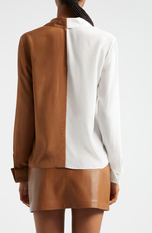 Shop Alice And Olivia Alice + Olivia Willa Colorblock Silk Button-up Shirt In Off White/camel