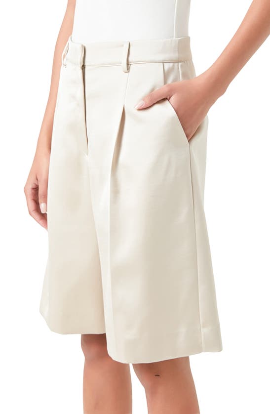 Shop Grey Lab Pleated Wide Leg Satin Bermuda Shorts In Cream