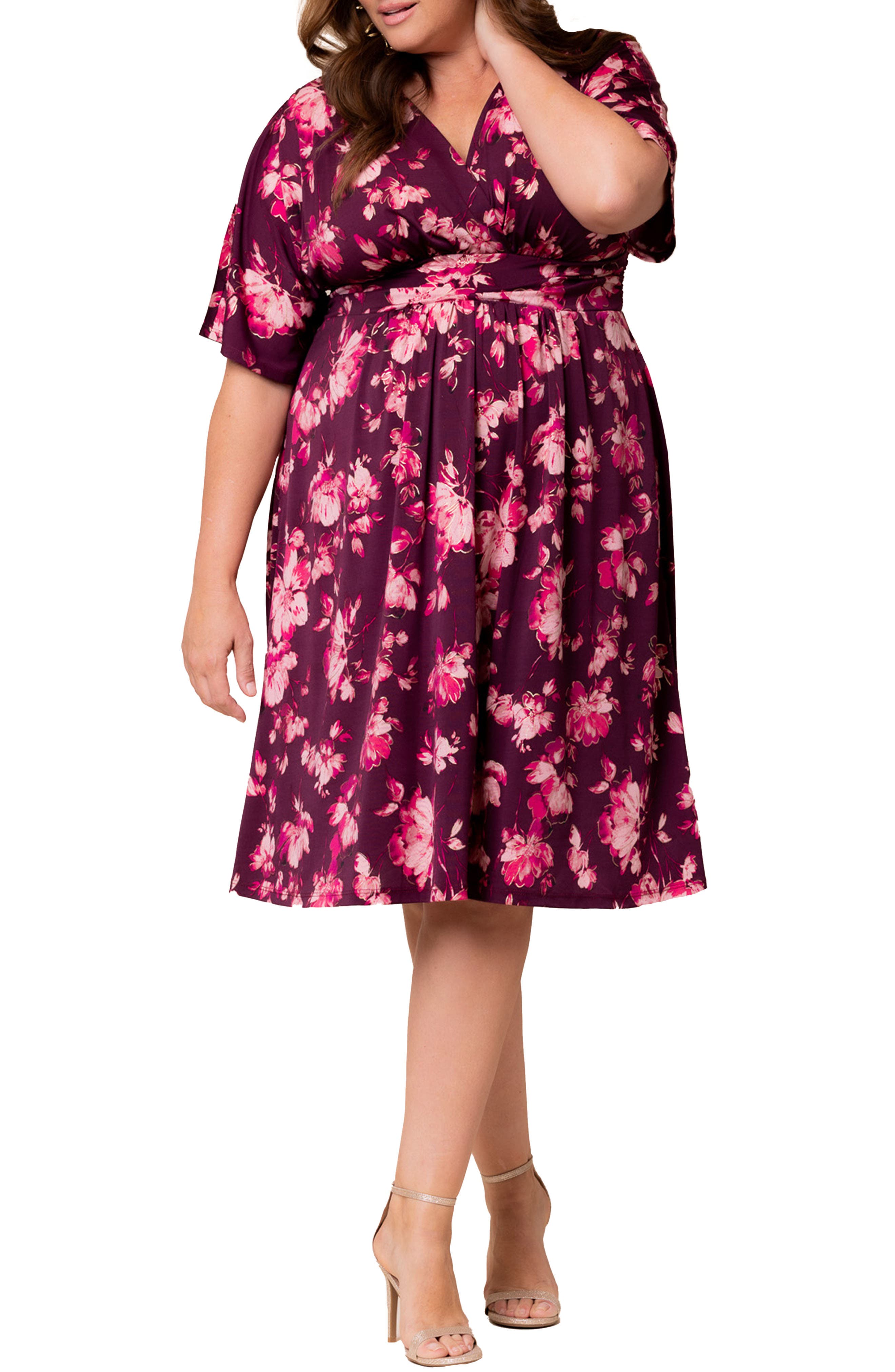 Kiyonna Gia Floral Midi Dress in Shimmering Sangria Blooms 