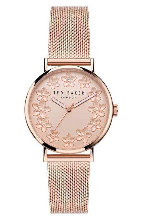 Floral Leather Strap Watch in Rose Gold-Tone