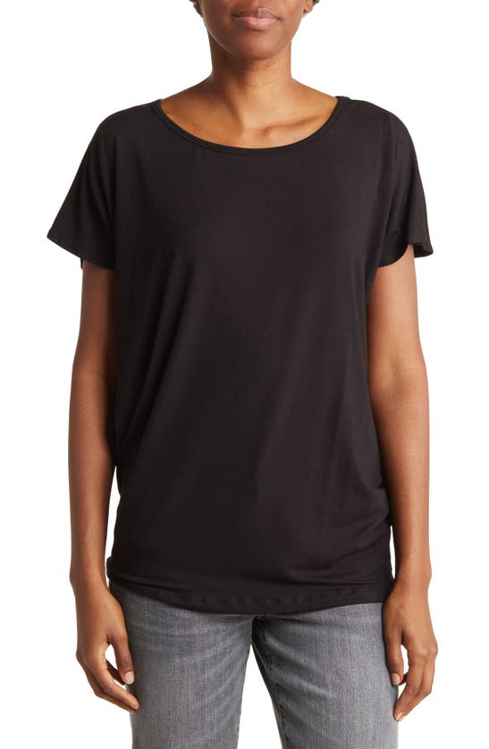 Go Couture Cap Sleeve Dolman Tee In Black Print 1