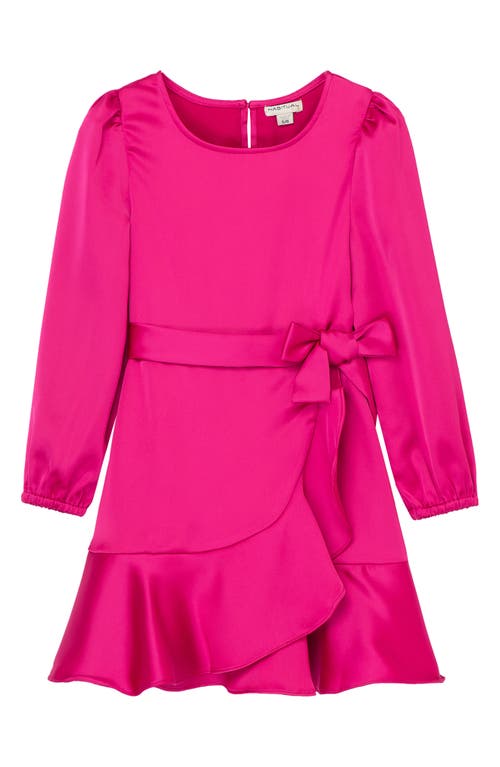 Habitual Kids Kids' Ruffle Long Sleeve Satin Faux Wrap Dress in Dark Pink