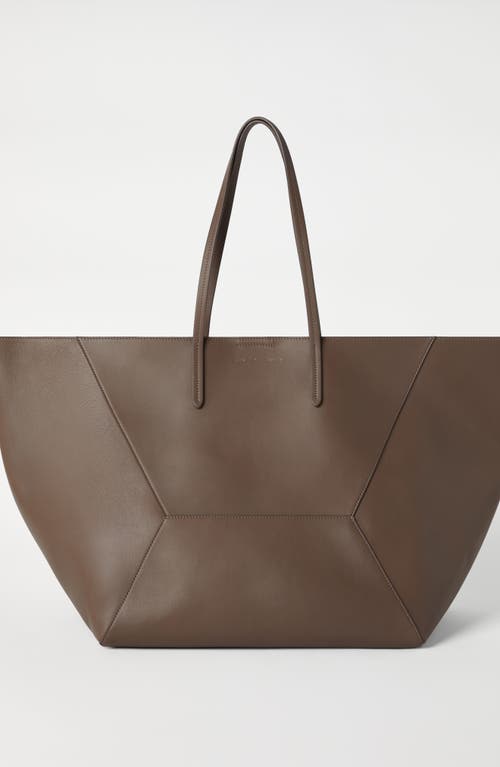 Shop Brunello Cucinelli Calfskin Large Shopper Bag With Monili In Brown Gianduia