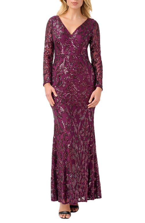 Adrianna Papell Sequin Mesh Long Sleeve Trumpet Gown in Cassis