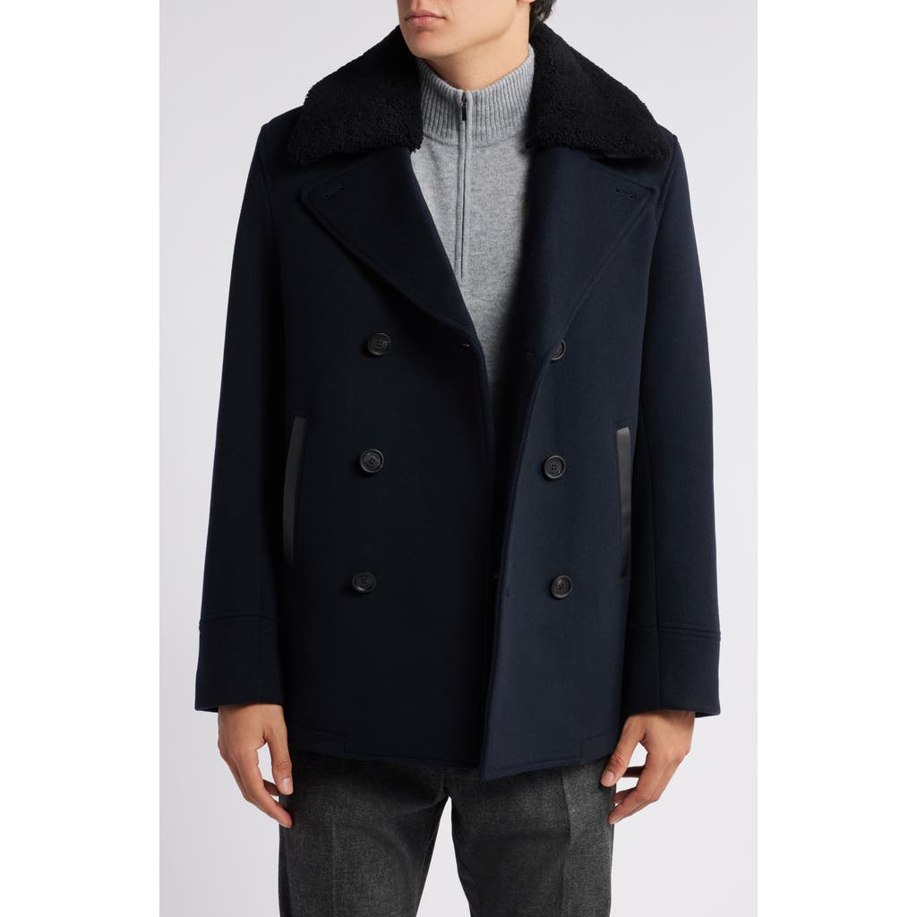 Mackage Cole Wool Peacoat With Genuine Shearling Collar In Navy