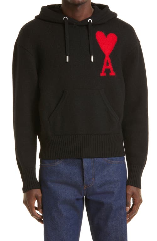 AMI PARIS Ami de Coeur Logo Intarsia Hoodie Sweater in Black/Red/009