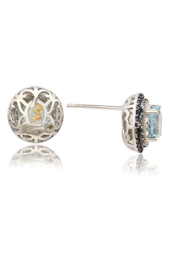 Shop Suzy Levian Semiprecious Stone Double Halo Stud Earrings In Blue