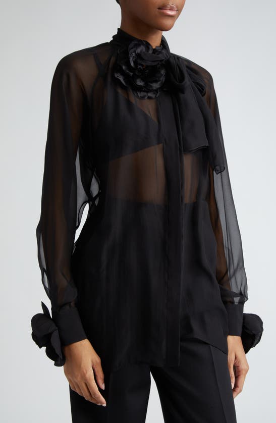 Shop Dolce & Gabbana Floral Appliqué Tie Neck Sheer Silk Shirt In Nero