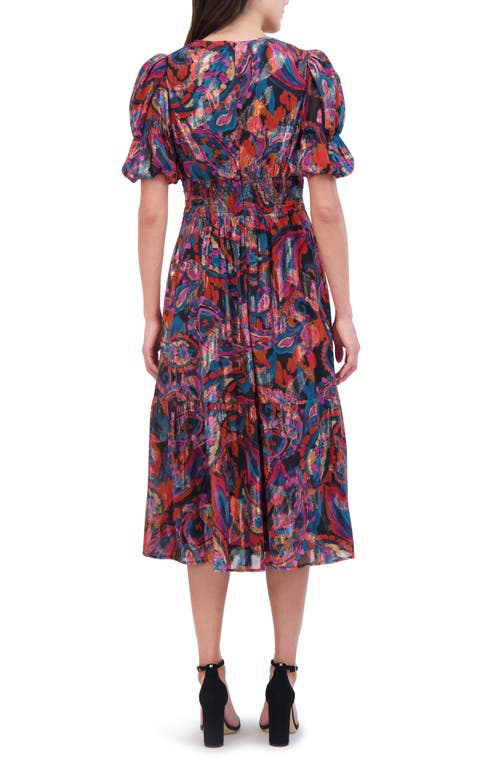 Vince Camuto Metallic Floral Chiffon Midi Dress In Red Multi