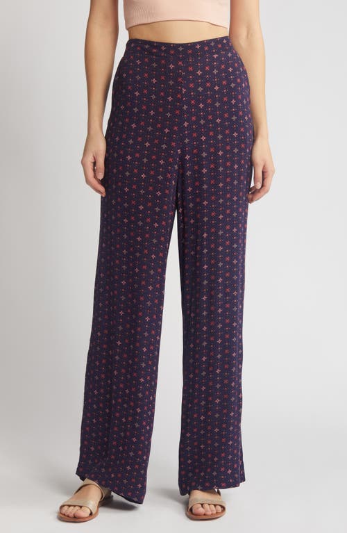 Bobeau Print Wide Leg Pull-On Pants Peacoat/Peach Tile at Nordstrom,