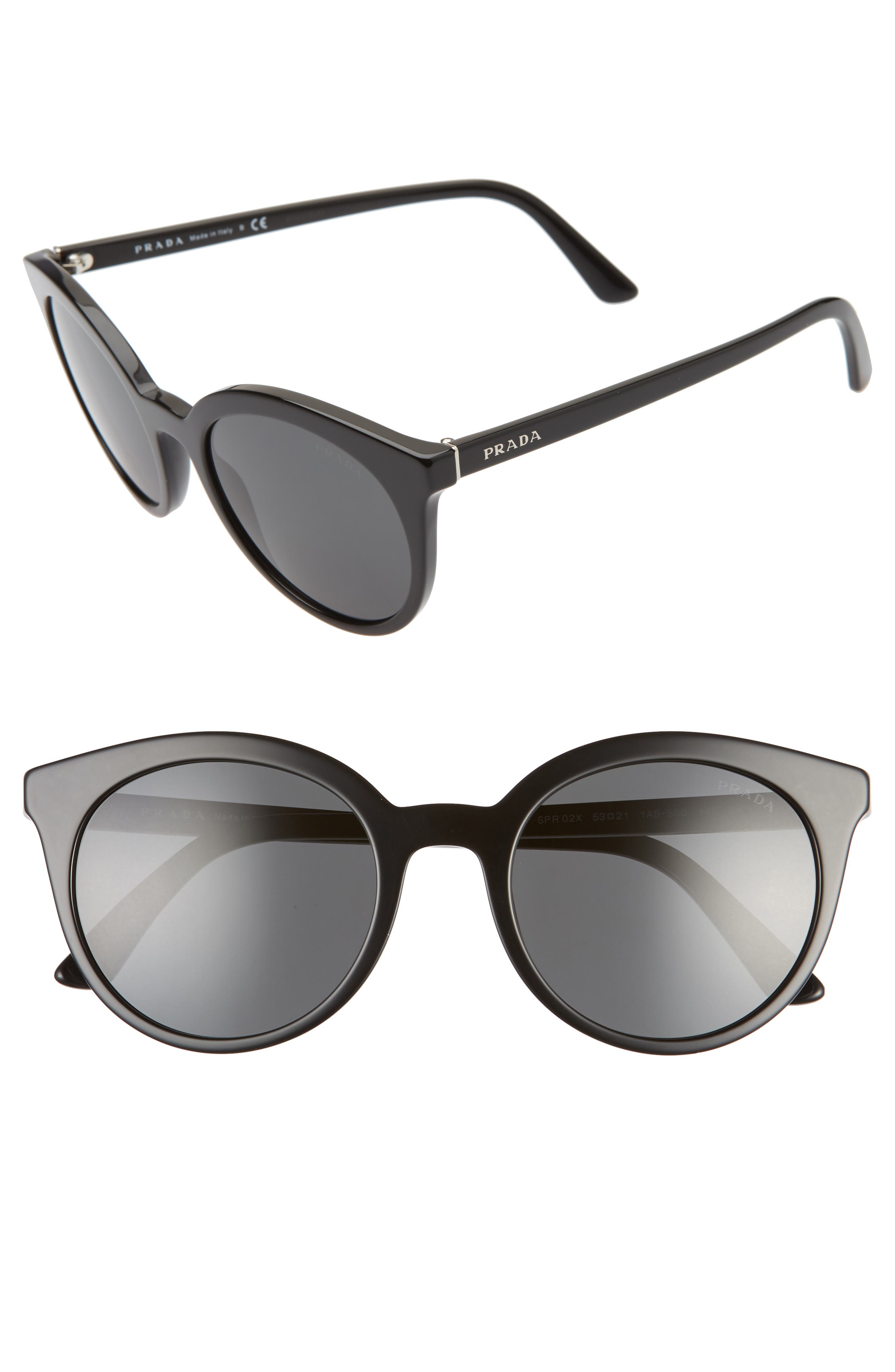 Prada 53mm Round Cat Eye Sunglasses in Black/Grey Gradient at Nordstrom