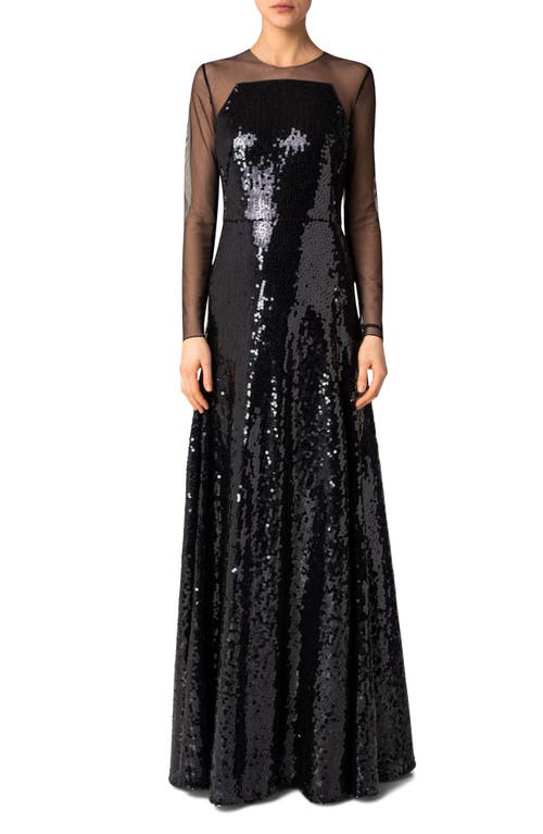 Akris Tulle & Sequin Long Sleeve A-Line Gown in 097 Navy