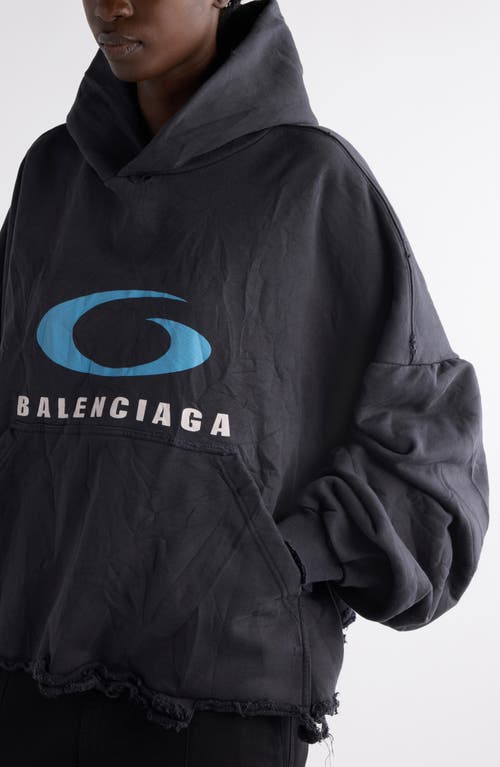 Shop Balenciaga Logo Distressed Crop Graphic Hoodie In Washed Black/blue