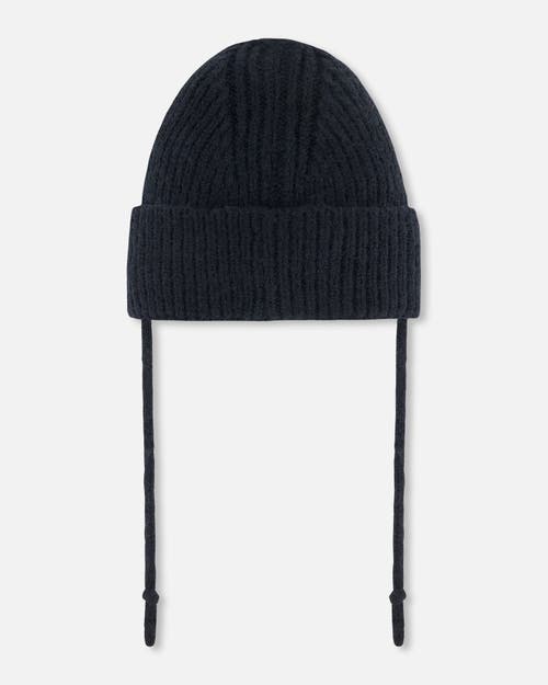 Deux Par Deux Baby Unisex Mid-season Knit Hat With Strings Black In Anthracite