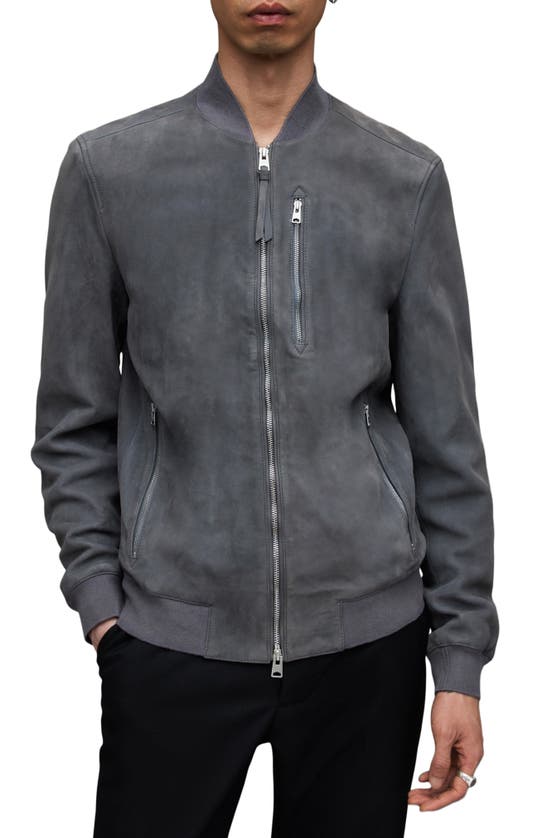 Allsaints Kemble Suede Bomber Jacket In Wind Grey