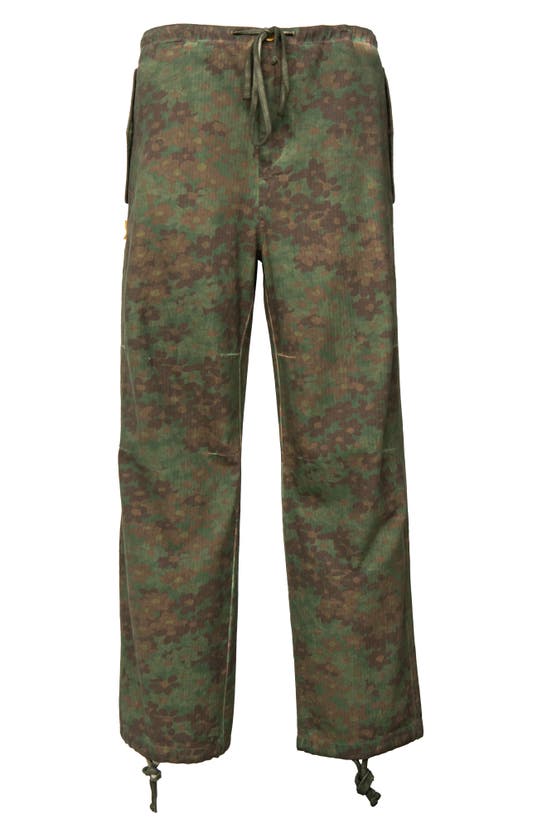 Round Two Floral Camouflage Drawstring Parachute Pants In Green Multi