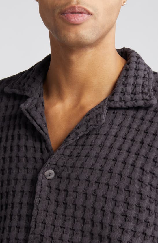 Shop Oas Waffle Knit Camp Shirt In Nearly Black