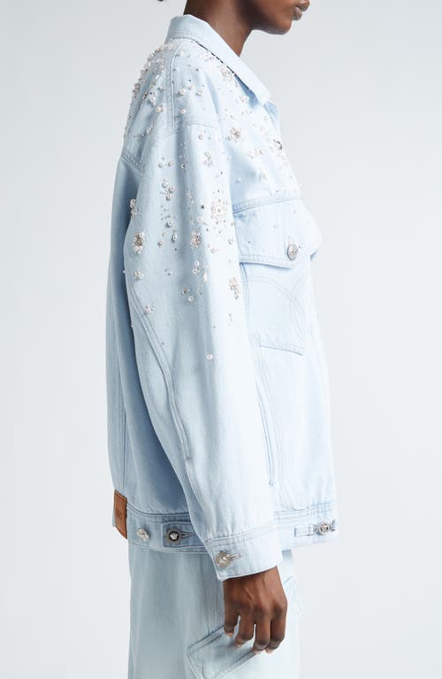 Shop Versace Embellished Oversize Denim Jacket In Light Sand