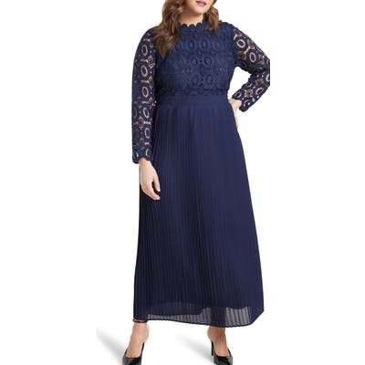 Plus Size Eloquii Lace Bodice Pleated Long Sleeve Evening Dress, Blue