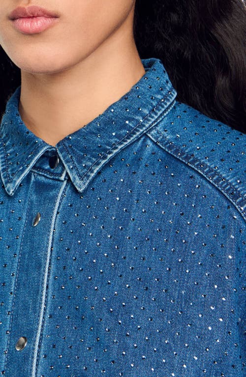 Shop Sandro Denim Shirt With Rhinestones In Blue Jean