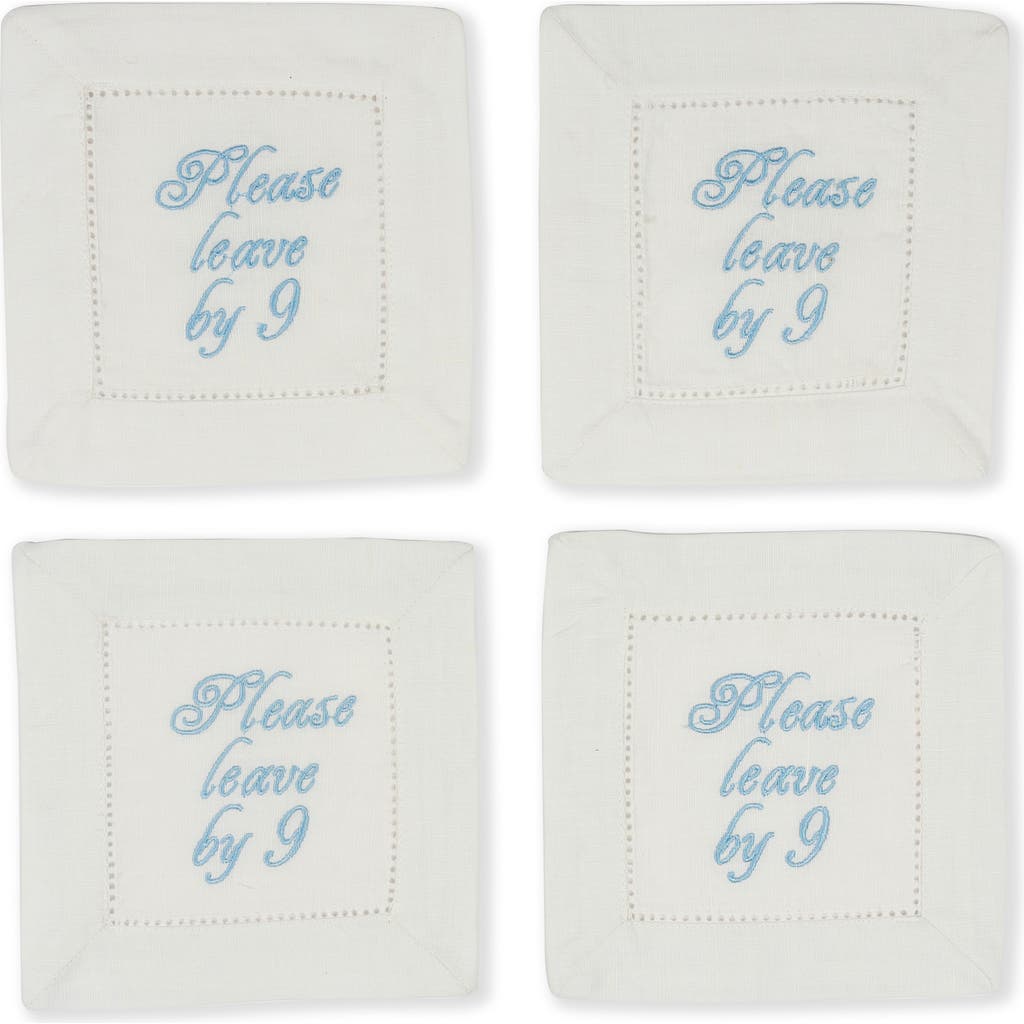 Tiramisu Set Of 4 Embroidered Coasters In White/blue Text