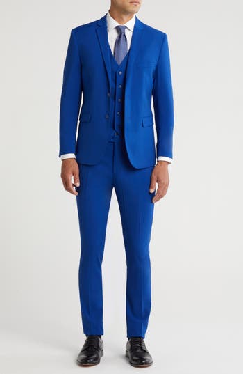 Gino Vitale Skinny Fit Solid Stretch Three Piece Suit In Blue