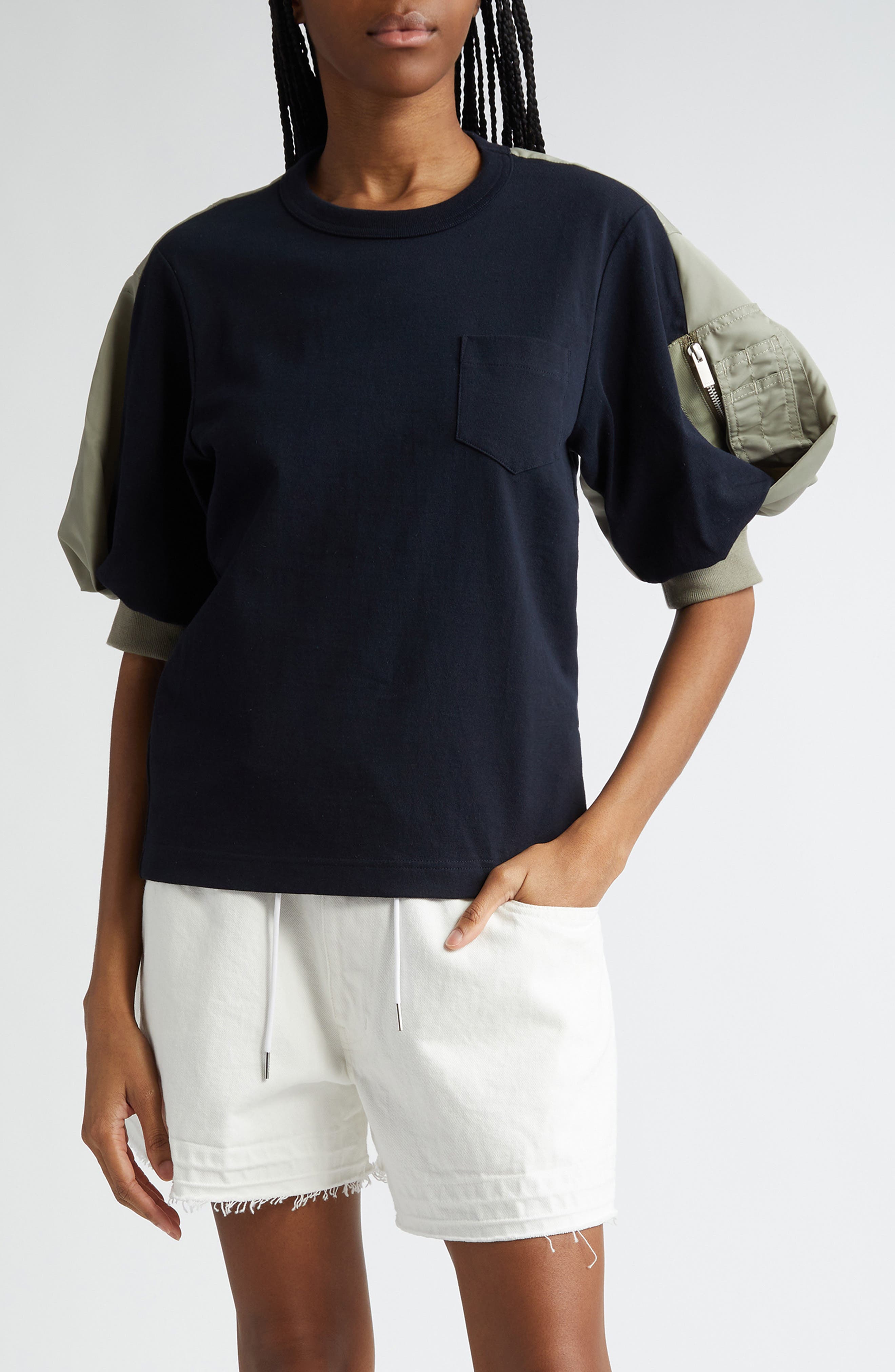 Sacai Puff Sleeve Cotton Jersey & Nylon Twill Hybrid Top in Navy