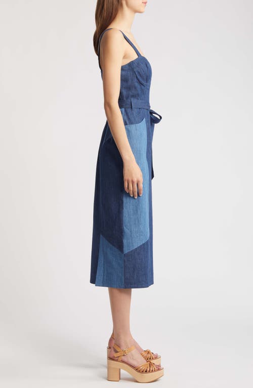 Shop Du Paradis Canggu Denim Midi Dress In Patchwork Denim