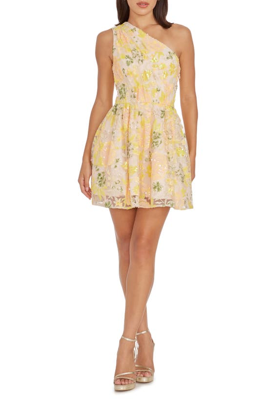 Shop Dress The Population Delaney Floral One-shoulder Fit & Flare Minidress In Canary Multi