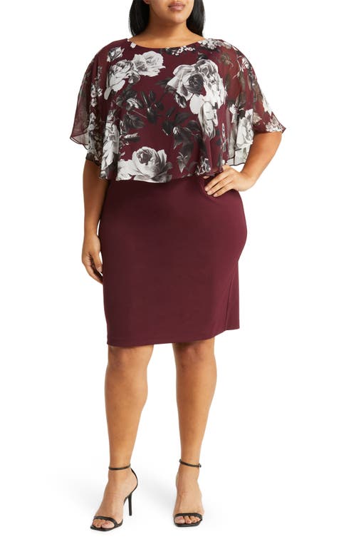 Connected Apparel Floral Cape Overlay Sheath Dress in Burgundy